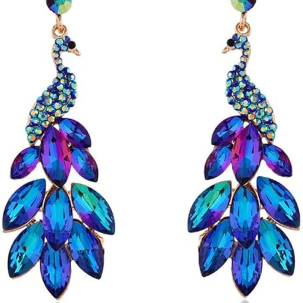 Peacock Dangle Earrings 14K Gold Plated Multicolors Crystal Feather